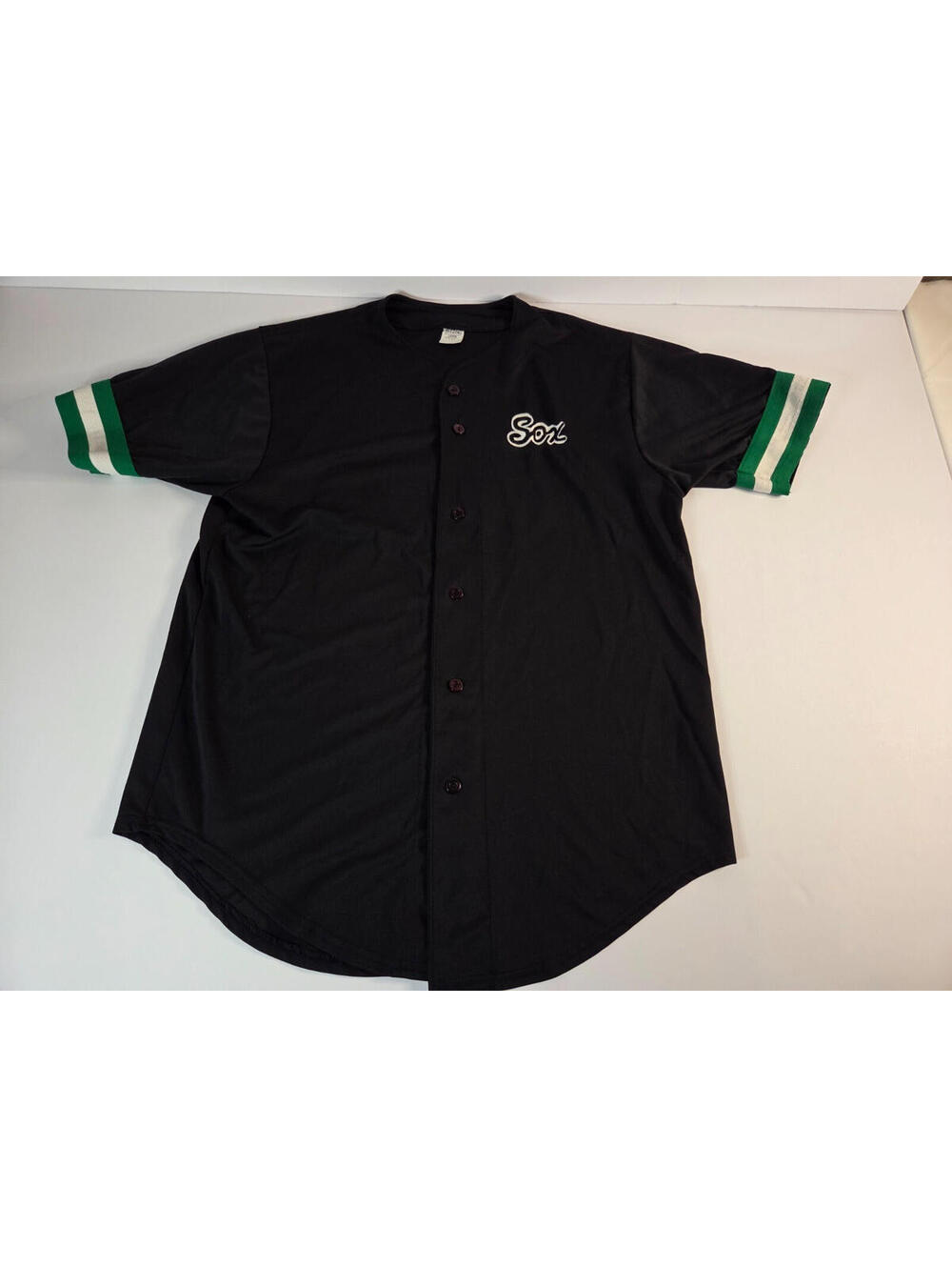 Vintage DeLONG Baseball Jersey Mens Large Black Green #19 Made USA Sewn Mesh